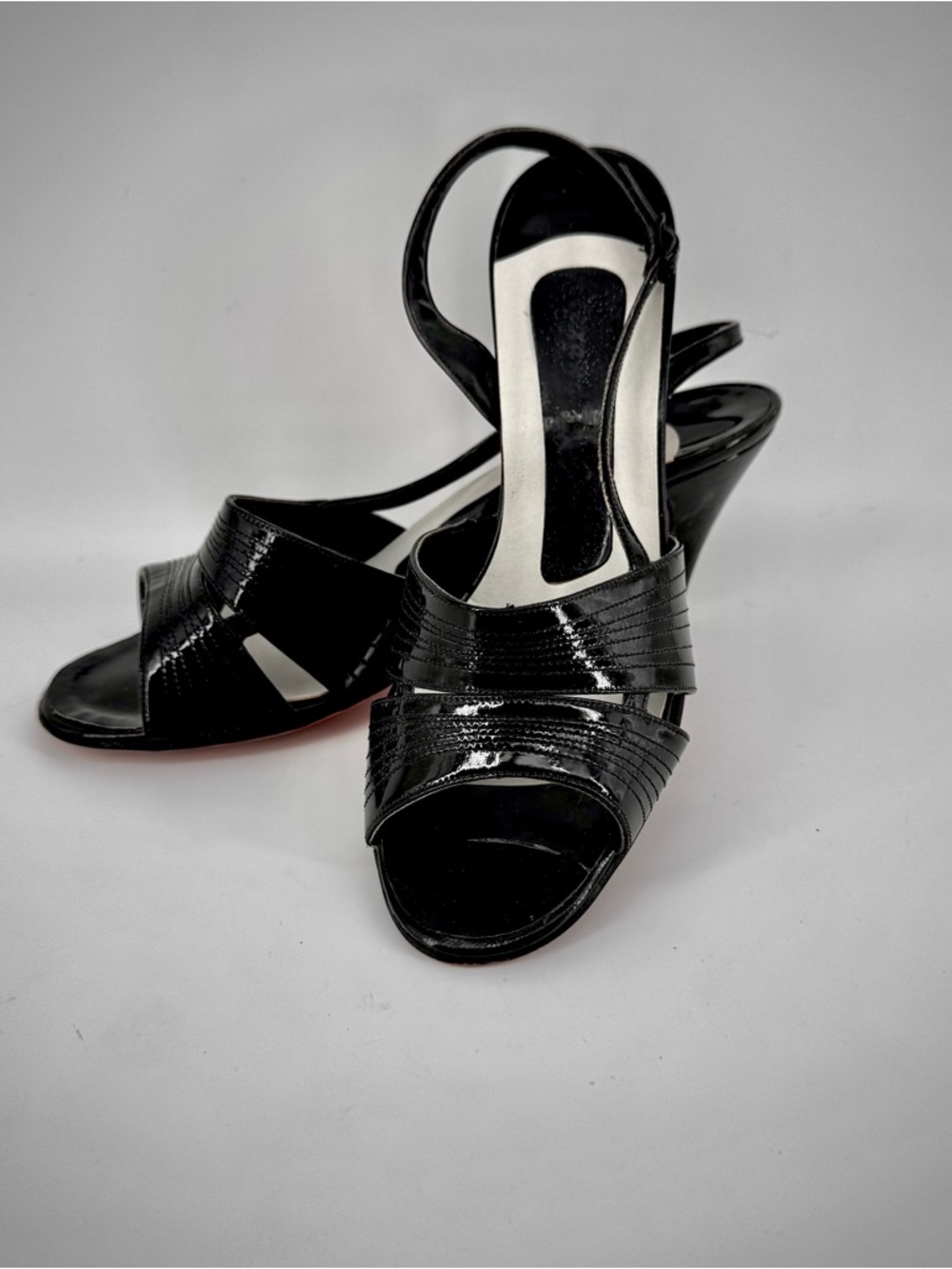 Vintage Impo Marjong Black Patent Slingback Heels - Leather Sole
